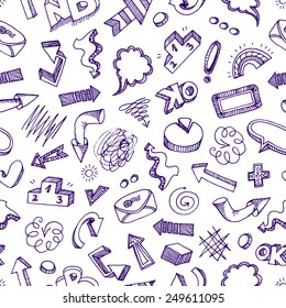 Seamless pattern with hand-drawn doodles. Sketched arrows, bubbles etc.