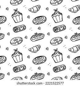 A seamless pattern of hand-drawn doodle-style baked goods and pastries. Collection of different kinds of bread, croissant, baguette, scones, muffin, muffin. Vector cute illustrations on white backgrou