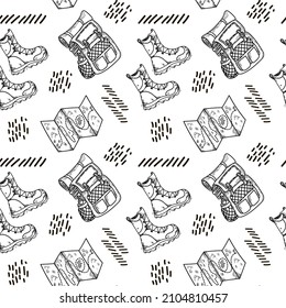 A seamless pattern of hand-drawn doodle-style elements. Illustration for local tourism. Shoes, backpack and map of the area. Vector image of camping or hiking items on white background. 