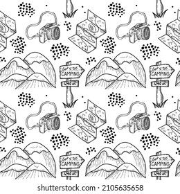 A seamless pattern of hand-drawn doodle-style elements. Illustration for local tourism. Mountains, terrain map and signpost. Vector image of items for camping or hiking on white background. 