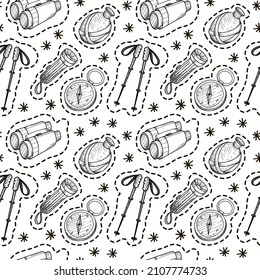 A seamless pattern of hand-drawn doodle-style elements. Illustration for local tourism. Nordic walking poles, water flask, compass, etc. Vector image of hiking on white background. 