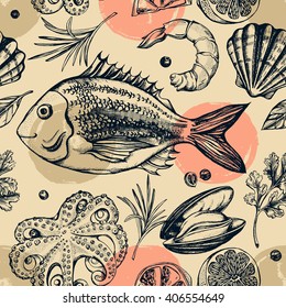 Seamless pattern with hand-drawn dorado fish (bream) and seafood