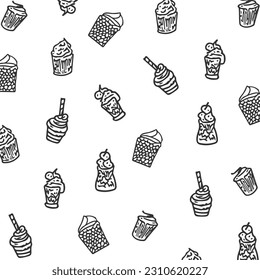 Seamless pattern of hand-drawn drinks and desserts. Doodle decoration element. Flat design drinks and desserts background