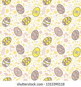 Seamless pattern with handdrawn easter eggs, flowers, leaves and other elements on white background.