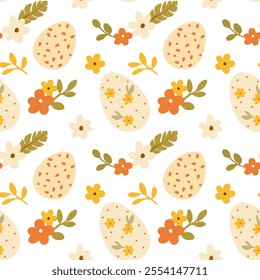 Seamless pattern with hand-drawn Easter eggs and floral elements. Perfect for spring and Easter designs, such as wrapping paper, greeting cards, and textile prints.