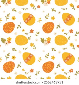 Seamless pattern of hand-drawn Easter eggs, flowers, and leaves. Pastel yellow and orange color palette. Perfect for spring and Easter-themed designs, such as wrapping paper, fabric, and prints.