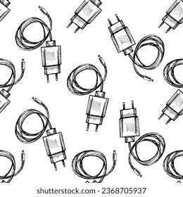 Seamless pattern of hand-drawn electric plug, micro usb charger for smartphone close-up with a wire. Black-and-white illustration in sketch style. Eco energy concept. Vintage, doodle.