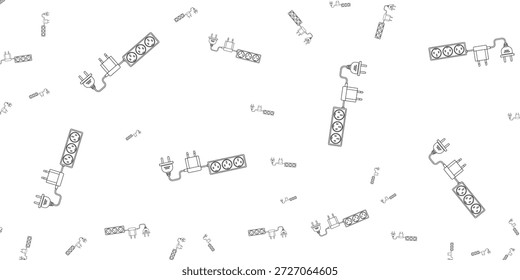 Ein nahtloses Muster aus handgezeichneten elektrischen Verlängerungskabeln und -steckern auf weißem Hintergrund. Die einfache Linienführung zeigt verschiedene Konfigurationen von Steckerleisten mit mehreren Steckdosen und angeschlossenen Steckern, was auf Konnektivität und Stromverteilung hinweist.