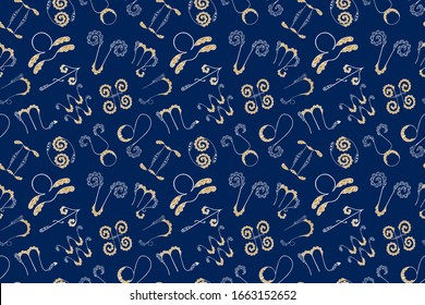 Seamless pattern of hand-drawn elegant zodiac emblems of the 12 zodiacal signs of golden and white colors on a blue background. For fabric, textile, phone cases, yoga products, scrapbooking. Vector