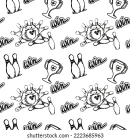 A seamless pattern of hand-drawn elements with a bowling theme. Bowling ball, pins. Handwritten inscription. Winning. Ball smashes pins. Pins. Sport. Game. Hit, win. Vector on white background