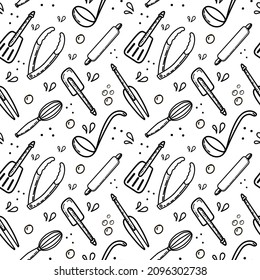 A seamless pattern of hand-drawn elements. Chef's tools: rolling pin, tongs, spatula, whisk, and fork. Doodle style vector illustration.