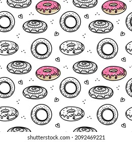 A seamless pattern of hand-drawn elements. Doughnuts, bagels, and snail buns. Doodle style vector.