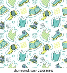 Seamless pattern of hand-drawn elements on white background. Clothes for charity. Sleeveless shirt, T-shirt, shorts, socks and sneakers. Second hand clothing idea.