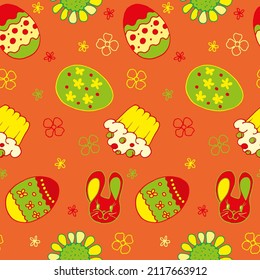 seamless pattern of hand-drawn elements on the theme of Easter, eggs and cake