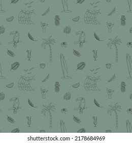 Seamless pattern with hand-drawn elements with a surf theme. Wave, surf, palm trees and more.