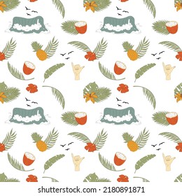 Seamless pattern with hand-drawn elements with a surf theme. Wave, surf, palm trees and more.