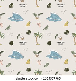 Seamless pattern with hand-drawn elements with a surf theme. Wave, surf, palm trees and more.