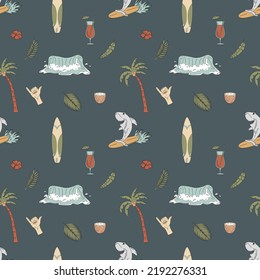 Seamless pattern with hand-drawn elements with a surf theme. Wave, surf, palm trees and more.