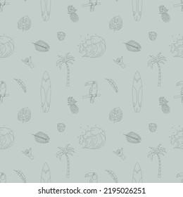 Seamless pattern with hand-drawn elements with a surf theme. Wave, surf, palm trees and more.