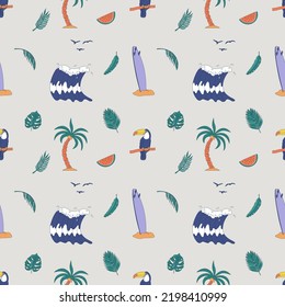 Seamless pattern with hand-drawn elements with a surf theme. Wave, surf, palm trees and more.