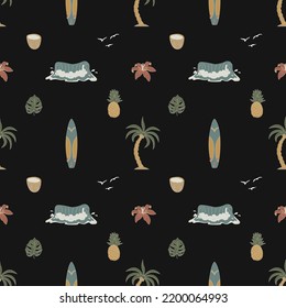 Seamless pattern with hand-drawn elements with a surf theme. Wave, surf, palm trees and more.