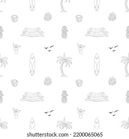 Seamless pattern with hand-drawn elements with a surf theme. Wave, surf, palm trees and more.