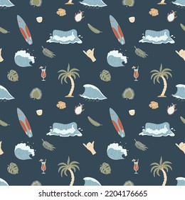 Seamless pattern with hand-drawn elements with a surf theme. Wave, surf, palm trees and more.