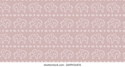 Seamless pattern with hand-drawn elephants, eyes, and sun symbols in a dusty mauve color. Vector background. Ethnic, tribal-inspired design, perfect for textiles, wallpapers, or digital backgrounds.