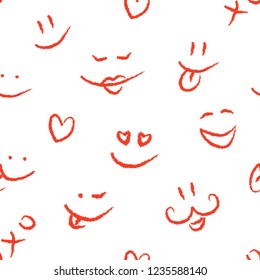 Seamless pattern of handdrawn emoji grunge pencil texture vector illustration sketch colored red on transparent background