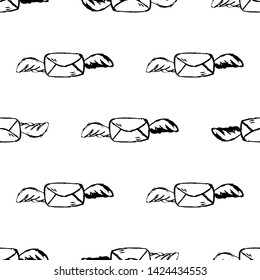 Seamless pattern Handdrawn envelope wings doodle icon. Hand drawn black sketch. Sign symbol. Decoration element. White background. Isolated. Flat design. Vector illustration.