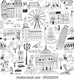 seamless pattern with hand-drawn European architecture 