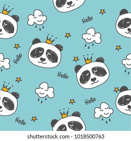 Seamless pattern hand-Drawn face of the Panda, clouds and stars background for Children's clothing. Panda Princess pattern.