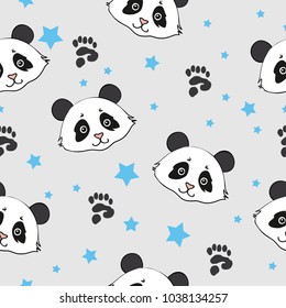 Seamless pattern hand-Drawn face of the Panda with stars, for Children's clothing.