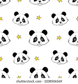 Seamless pattern hand-Drawn face of the Panda with stars, for Children's clothing.