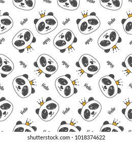 Seamless pattern hand-Drawn faces of pandas and hello  on white background . Background for Children's clothing. Panda Princess pattern.
