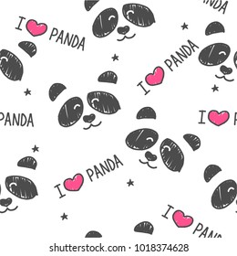 Padrão sem costura Rostos desenhados à mão de pandas no fundo cinza. Antecedentes para roupas infantis. Eu amo o padrão Panda.