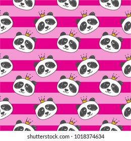 Seamless pattern hand-Drawn faces of pandas  on pink background . Background for Children's clothing. Panda Princess pattern.