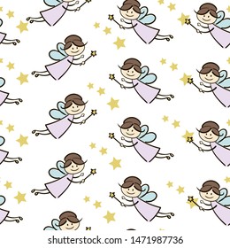 seamless pattern with handdrawn fairy and stars
