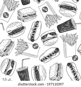 seamless pattern with hand-drawn fast food