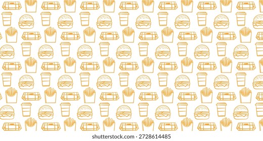 Padrão contínuo de símbolos de fast food desenhados à mão em contornos amarelos quentes, com hambúrgueres, batatas fritas, bebidas e wraps. Ideal para marcas, menus, embalagens ou projetos de criação retro-temáticos.
