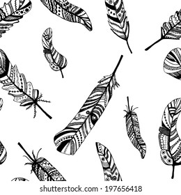  seamless pattern with hand-drawn feathers