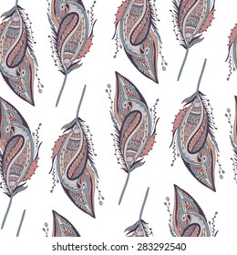 Seamless pattern with hand-drawn feathers.