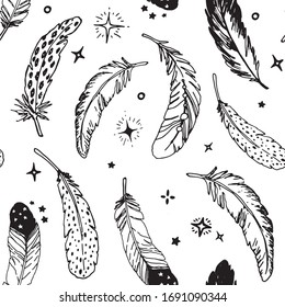 patrón transparente de plumas dibujadas a mano. ilustración vectorial en blanco y negro