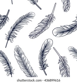 Seamless pattern with hand-drawn feathers. Hippie design elements. Coloring book pages for adults.