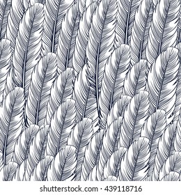 Seamless pattern with hand-drawn feathers. Hippie design elements. Coloring book pages for adults.