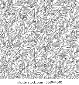 Seamless pattern with hand-drawn feathers. Hippie design elements. Coloring book pages for adults.