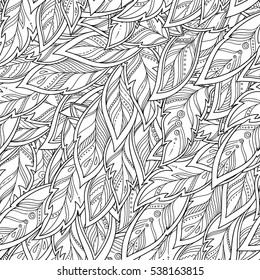 Seamless pattern with hand-drawn feathers. Hippie design elements. Coloring book pages for adults.