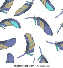 Seamless pattern with hand-drawn feathers. Hippie design elements.