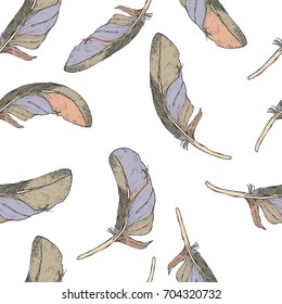 Seamless pattern with hand-drawn feathers. Hippie design elements.