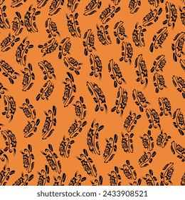 Seamless pattern with hand-drawn feathers on an orange background. Vector illustration for the design of prints, wallpapers, interiors and for filling other surfaces
